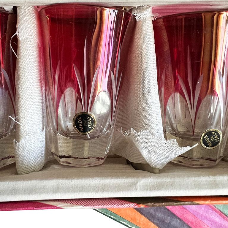 Vintage Cut to Clear Cranberry Shot Glasses in Original Box Set of 6 - Italy In Good Condition For Sale In Oklahoma City, OK