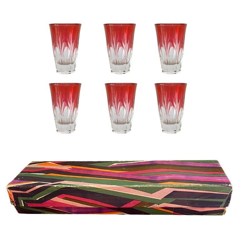Vintage Cut to Clear Cranberry Shot Glasses in Original Box Set of 6 - Italy