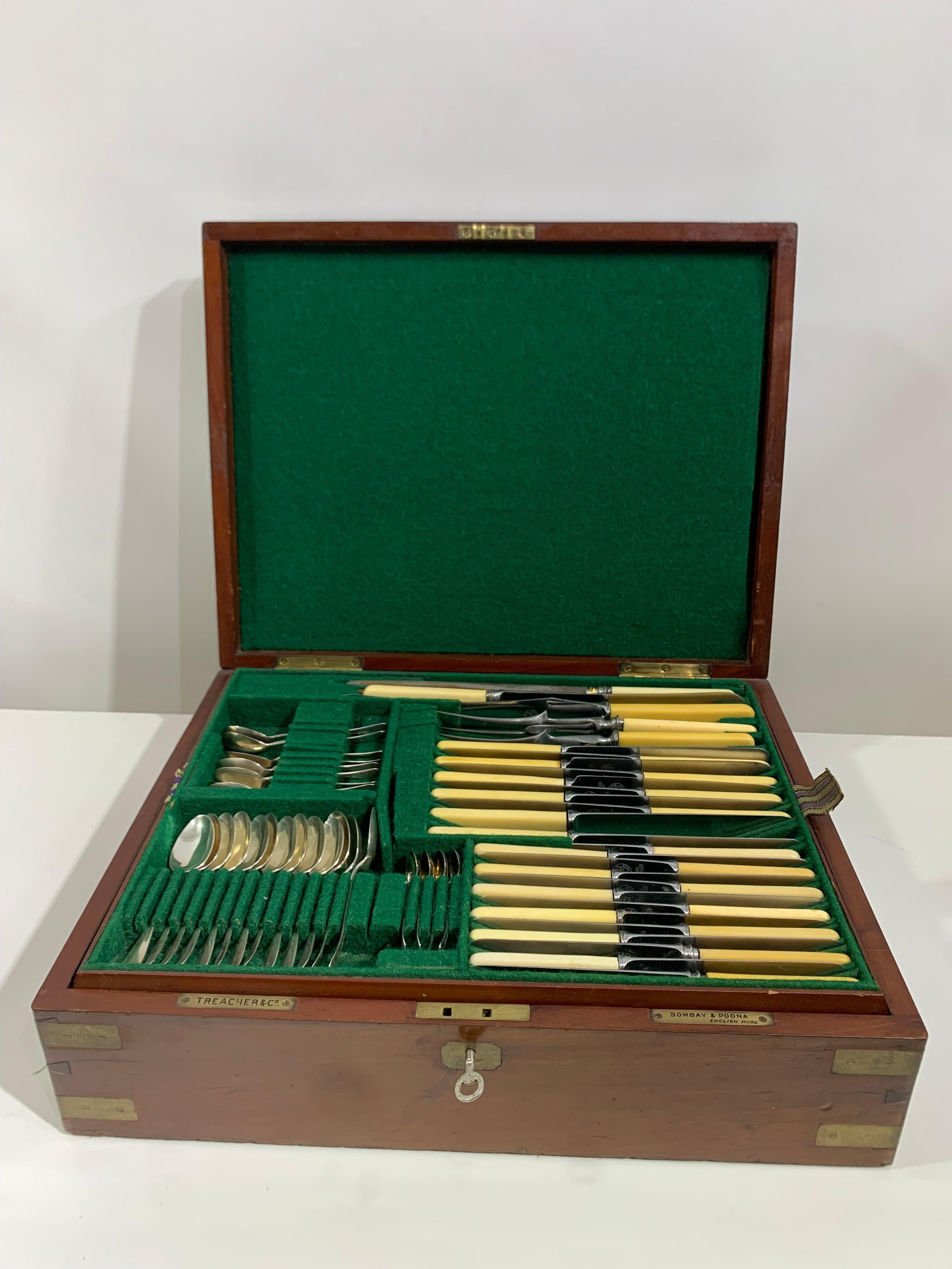 Vintage set of cutlery holding 96 pieces. The items are silver plated , some handles are engraved and some handles have parts cut and carved from animal bone. They are presented in this gorgeous wooden service box which is in a good presentable