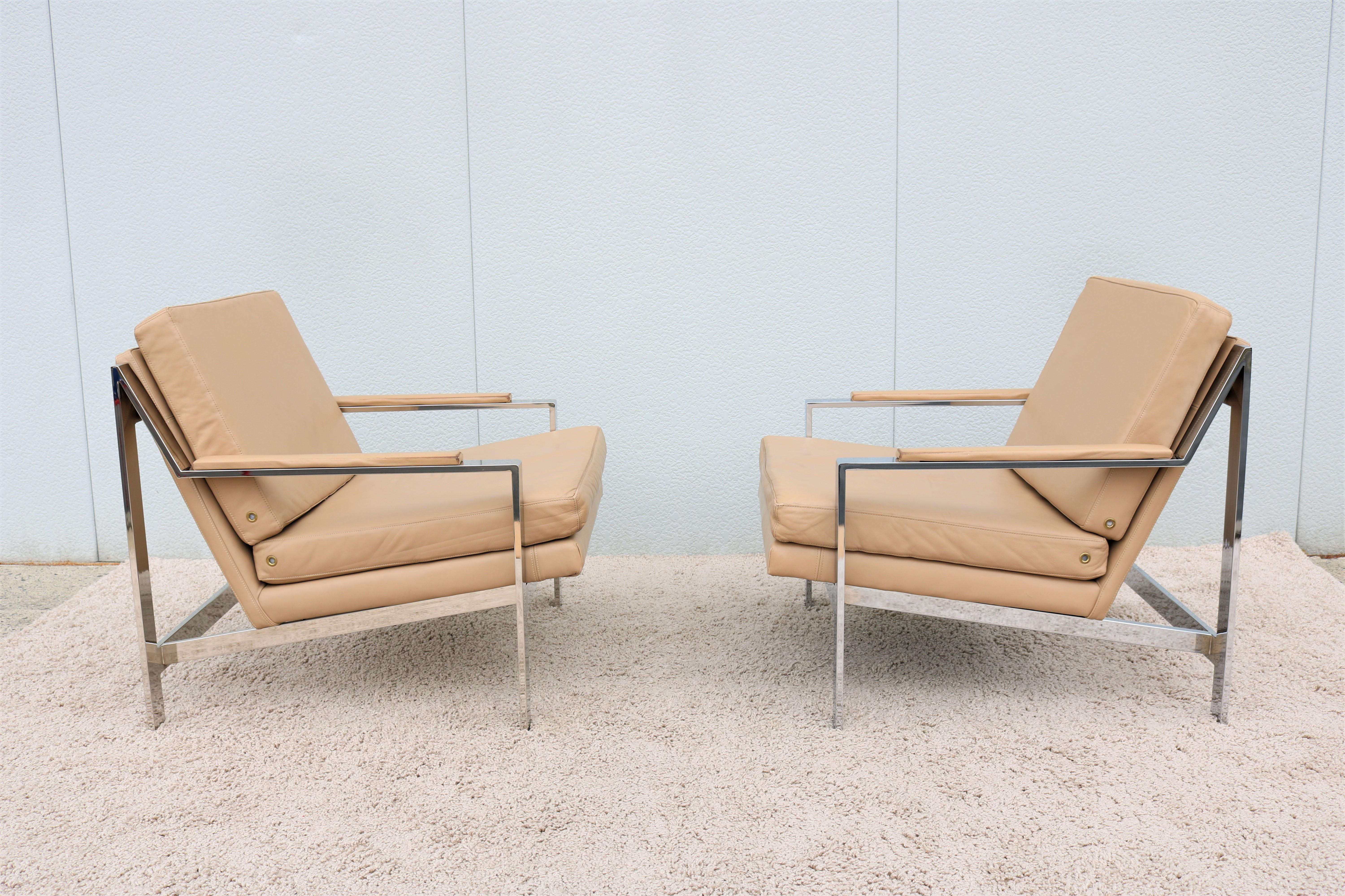 Vintage Cy Mann Leather and Chrome Lounge Chairs in Milo Baughman Style, a Pair For Sale 5