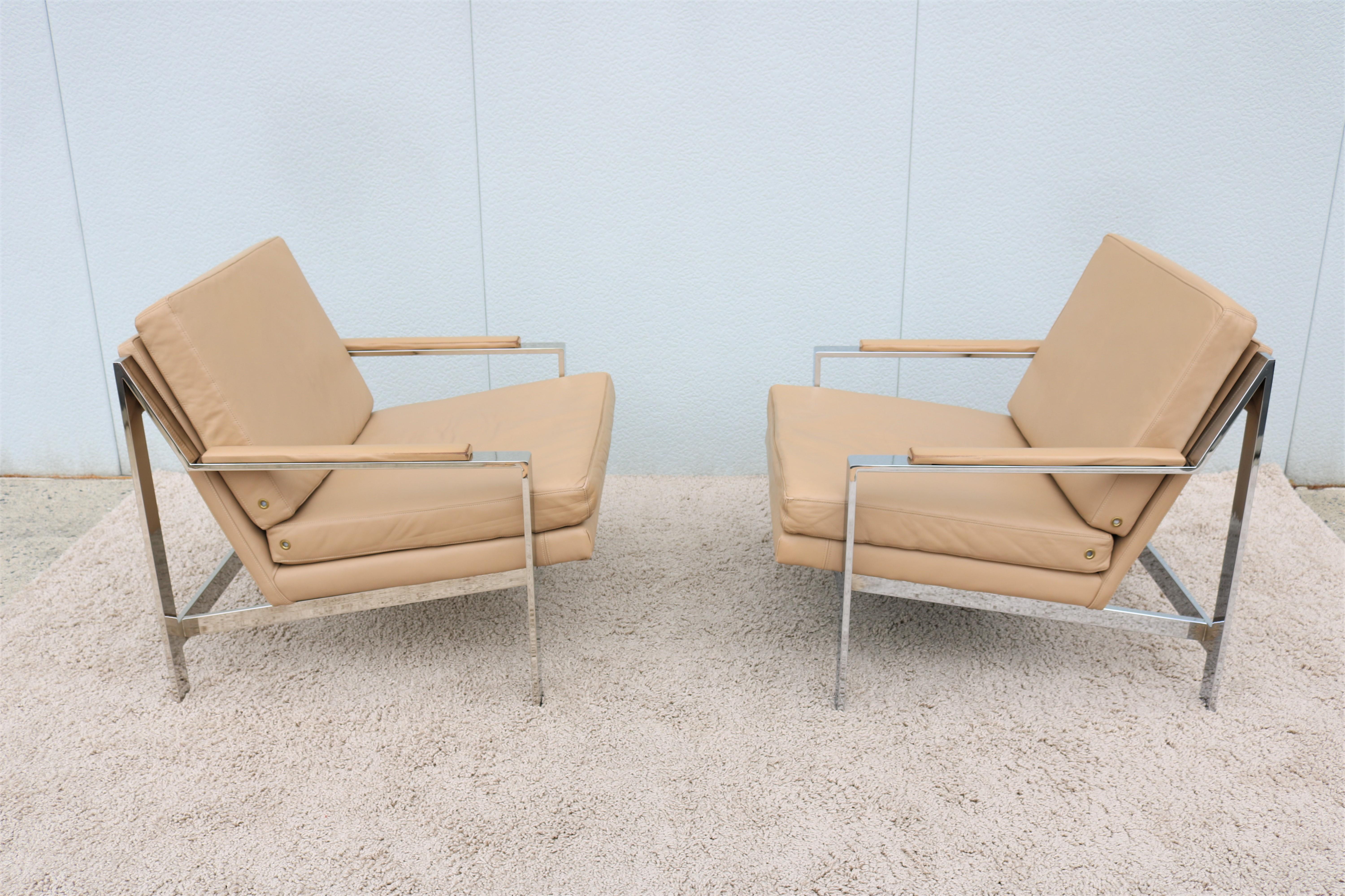Vintage Cy Mann Leather and Chrome Lounge Chairs in Milo Baughman Style, a Pair For Sale 6