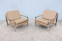 Vintage Cy Mann Leather and Chrome Lounge Chairs in Milo Baughman Style, a Pair