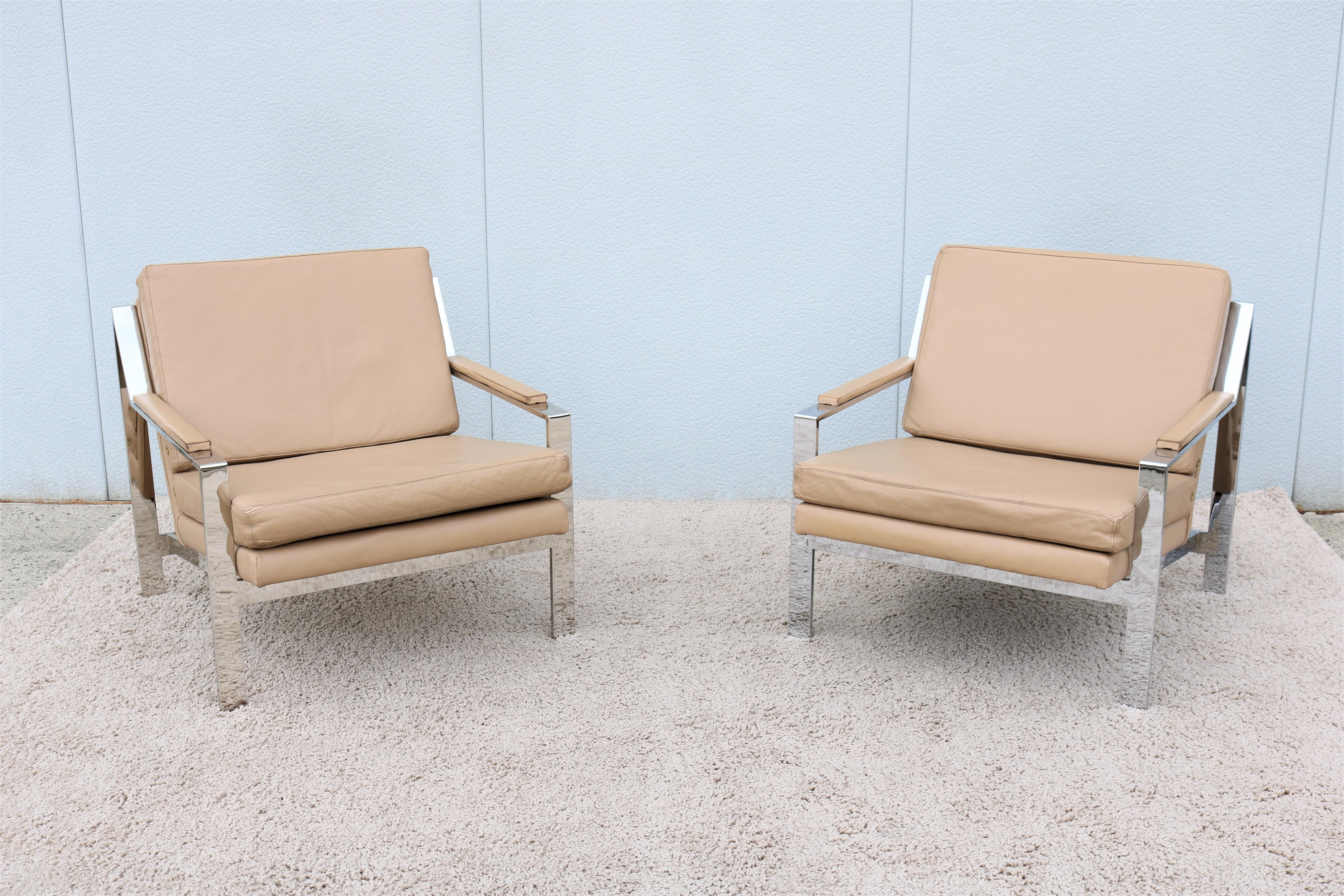 American Vintage Cy Mann Leather and Chrome Lounge Chairs in Milo Baughman Style, a Pair For Sale