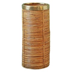 Vintage Cylinder Shaped Rattan Umbrella Stand with Brass Details, Italy, 1960's