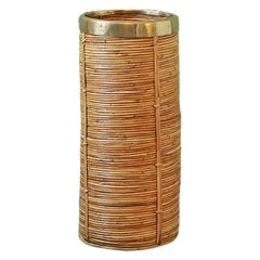 Vintage Cylinder Shaped Rattan Umbrella Stand with Brass Details, Italy, 1960
s Vintage Cylinder Shaped Rattan Umbrella Stand with Brass Details, Italy, 1960
s