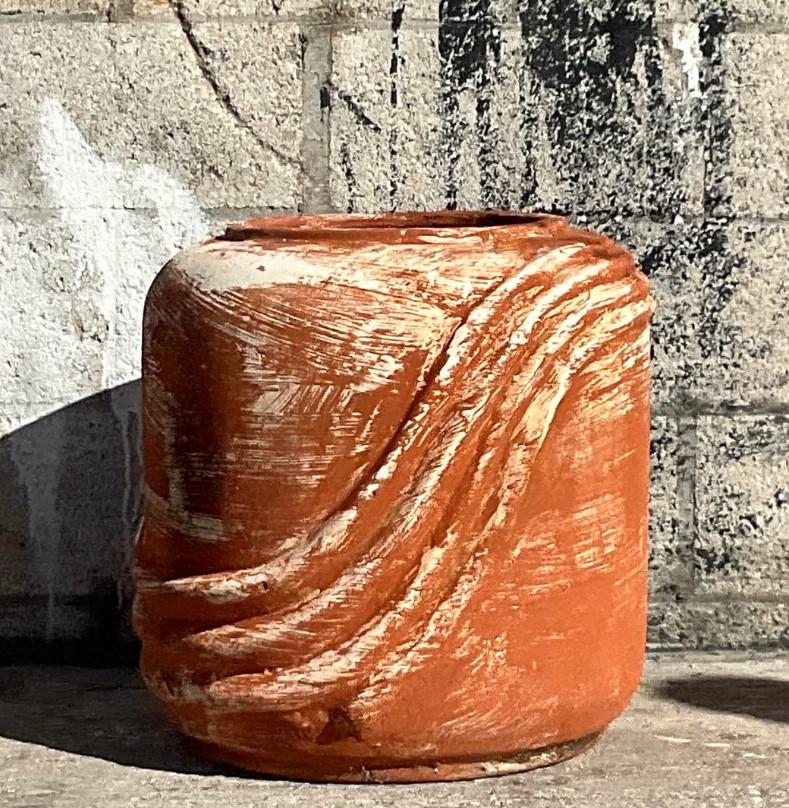Bohemian Vintage Cylinder Terracotta Planter With Curved Ridges For Sale
