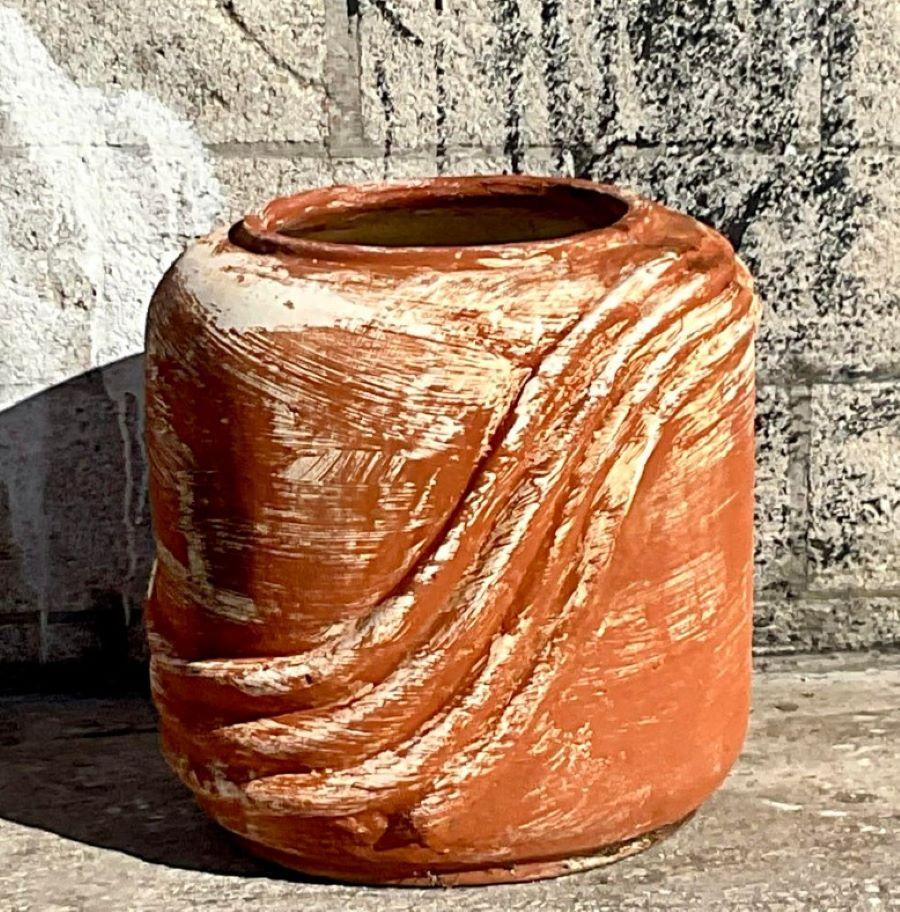 Vintage Cylinder Terracotta Planter With Curved Ridges In Good Condition For Sale In west palm beach, FL