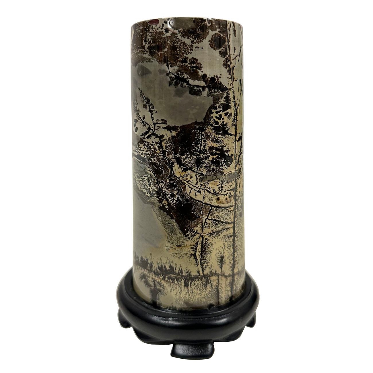 Chinois  Vintage Cylindrical Picture Jasper Tower on Wood Stand More Views  Cyli Vintage en vente