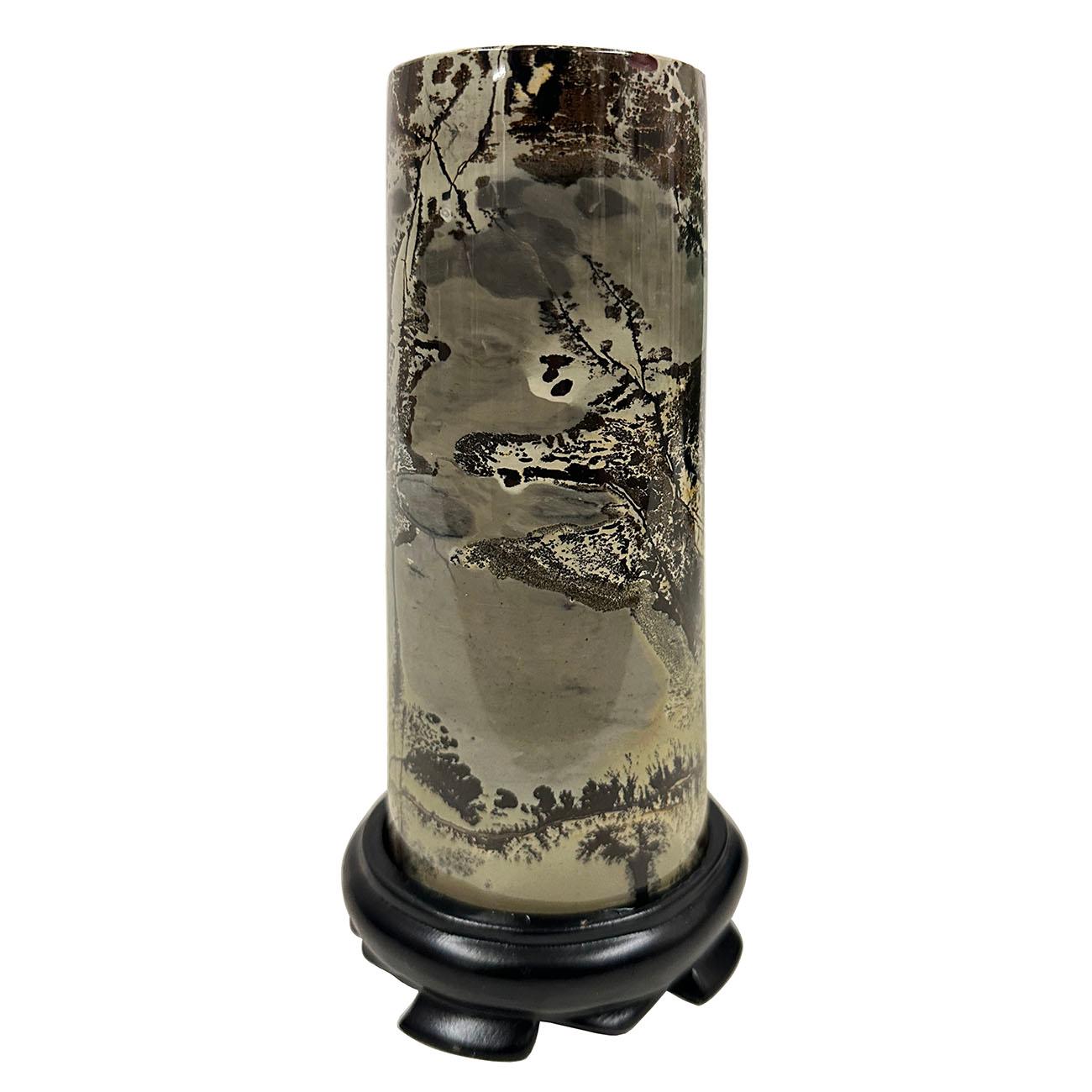  Vintage Cylindrical Picture Jasper Tower on Wood Stand More Views  Vintage Cyli In Good Condition For Sale In Pomona, CA