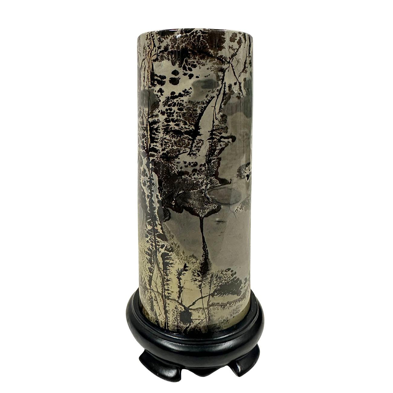 20th Century  Vintage Cylindrical Picture Jasper Tower on Wood Stand More Views  Vintage Cyli For Sale