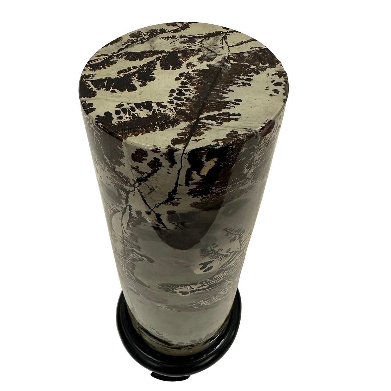 Stone  Vintage Cylindrical Picture Jasper Tower on Wood Stand More Views  Vintage Cyli For Sale