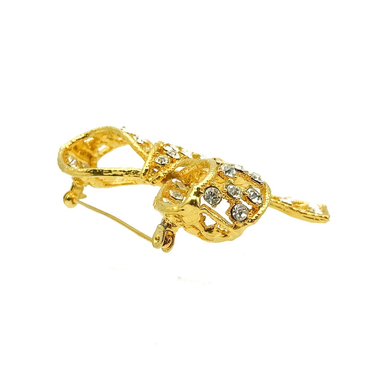 Women's or Men's Vintage Crystal Bow Brooch 1970s For Sale