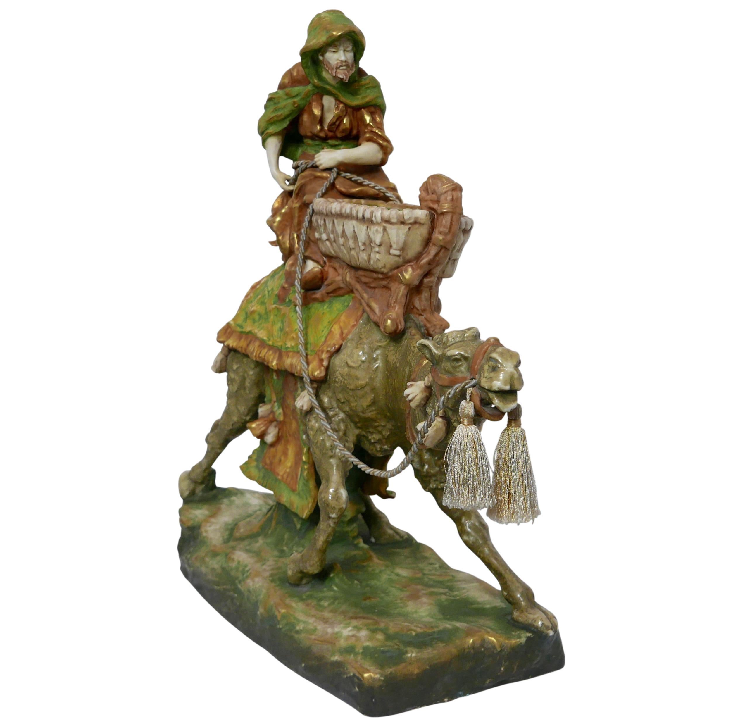 Austrian Vintage Czech Amphora Porcelain Sculpture of a Camel and Mounted Rider For Sale