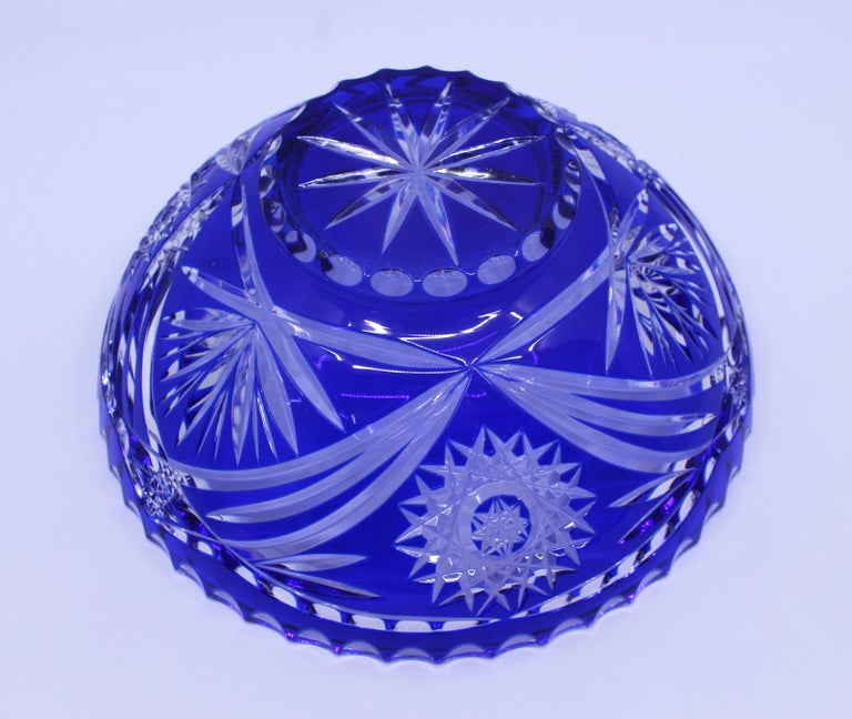20th Century Vintage Czech Blue Cut Overlay Glass Bowl For Sale