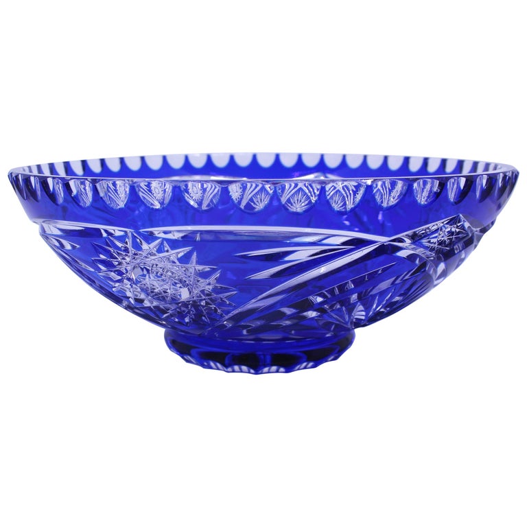 Vintage Czech Blue Cut Overlay Glass Bowl For Sale