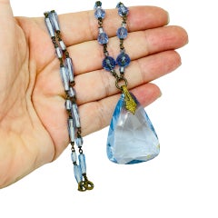 Vintage Czech blue glass gold tone designer necklace