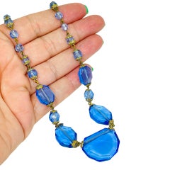 Vintage CZECH blue glass gold tone designer necklace