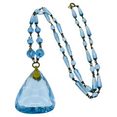 Vintage Czech blue glass gold tone designer necklace