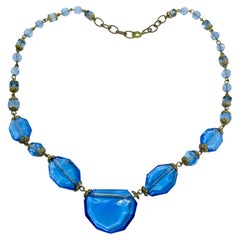 Vintage CZECH blue glass gold tone designer necklace