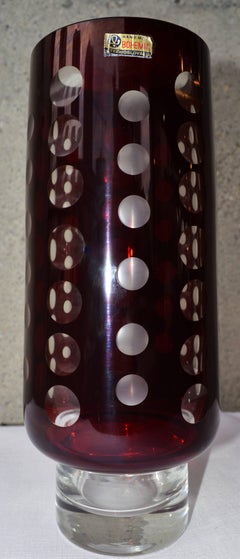 Vintage Czech Bohemia Optic Glass Vase Burgundy Cased in Clear