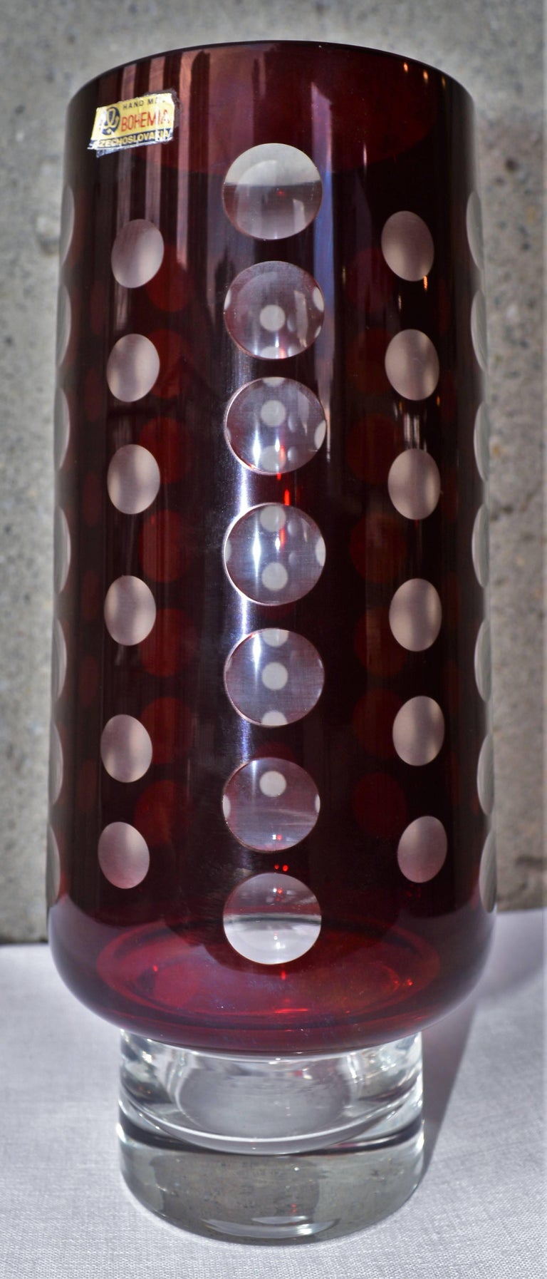 Vintage Czech Bohemia Optic Glass Vase Burgundy Cased in Clear For Sale at 1stDibs