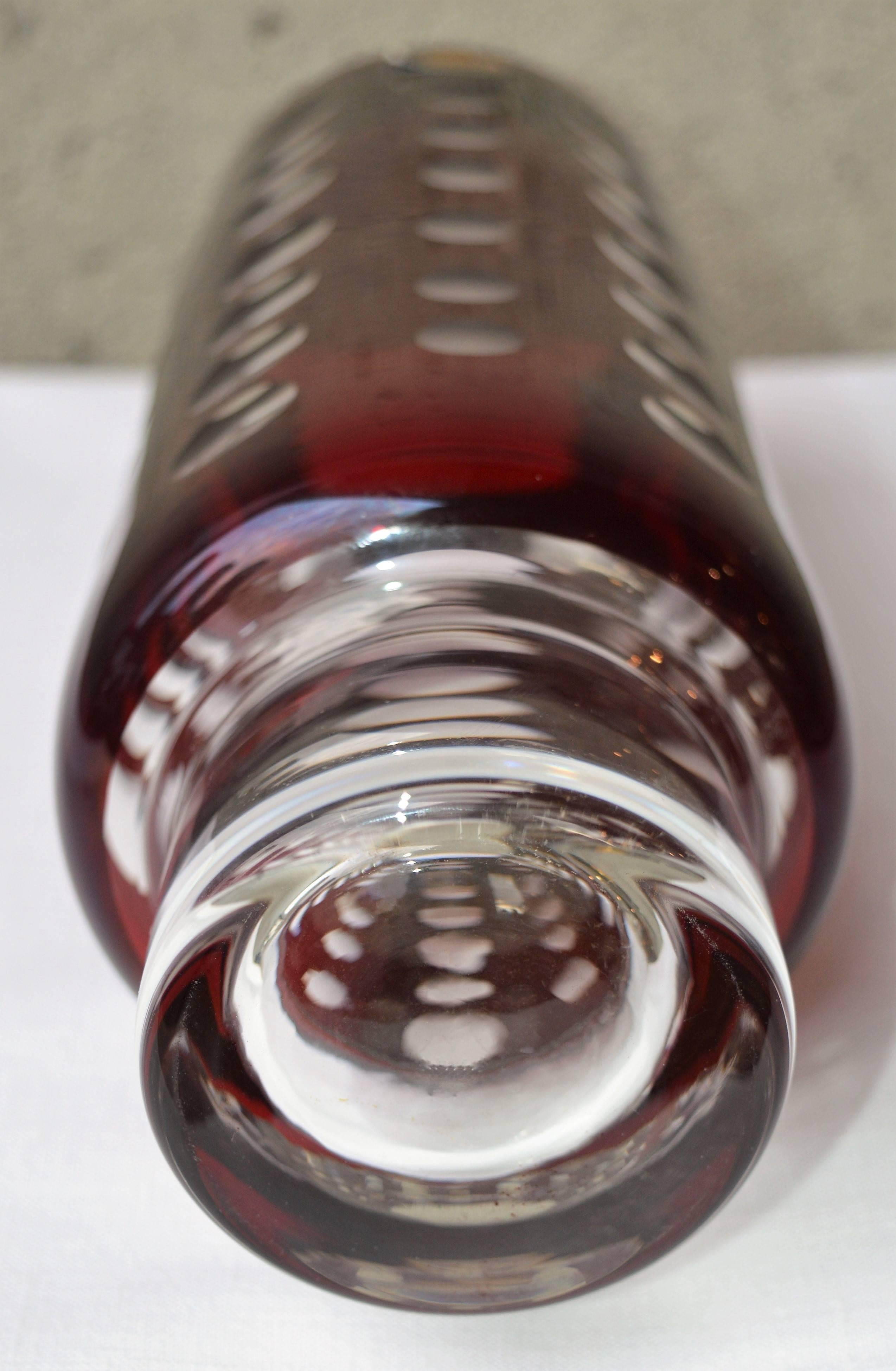 Vintage Czech Bohemia Optic Glass Vase Burgundy Cased in Clear For Sale 1
