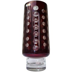 Vintage Czech Bohemia Optic Glass Vase Burgundy Cased in Clear