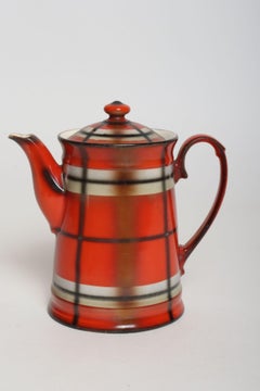 Vintage Czech Bohemian Orange Tartan Plaid Art Pottery Pitcher Teapot by Erphila