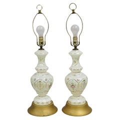 Vintage Czech Bohemian White & Green Cased Glass Table Lamps - a Pair