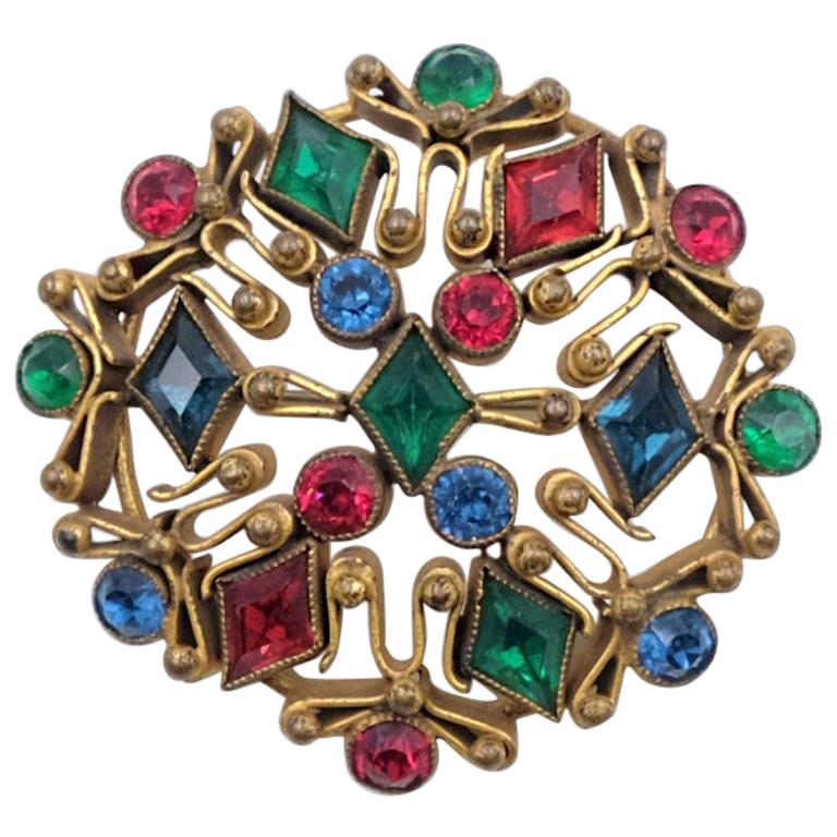 Vintage Czech Brooch With Multicolor Rhinestones 1930's