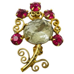 Broche de créatrice tchèque vintage en verre à petite fleur de couleur or