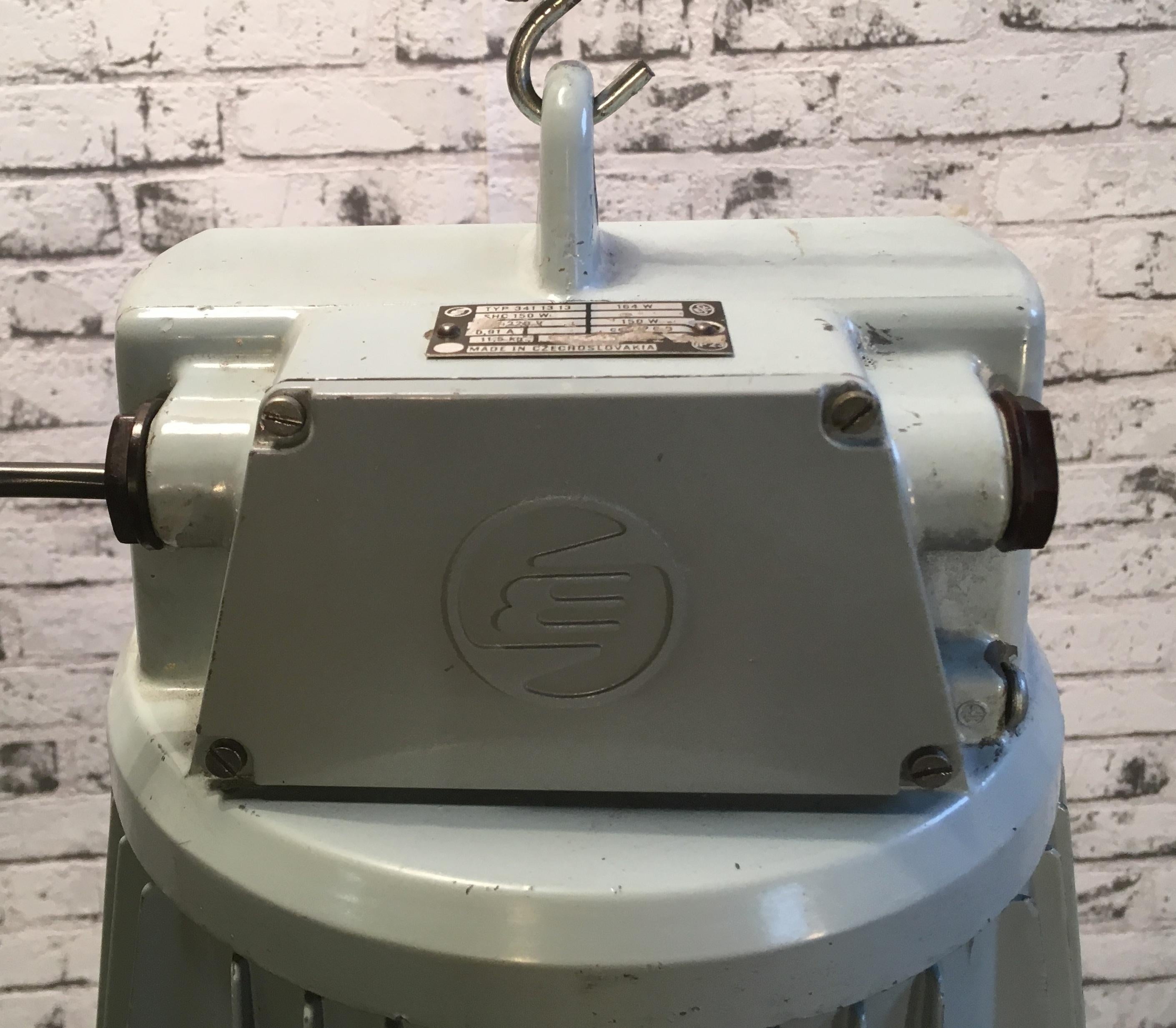 Vintage Elektrosvit Type 341 industrial hall lamp. 
Produced in former Czechoslovakia around the 1970s. 
Made from enameled metal and aluminum top. Weight 6 kg. 
New socket for E 27 lightbulbs and wire.