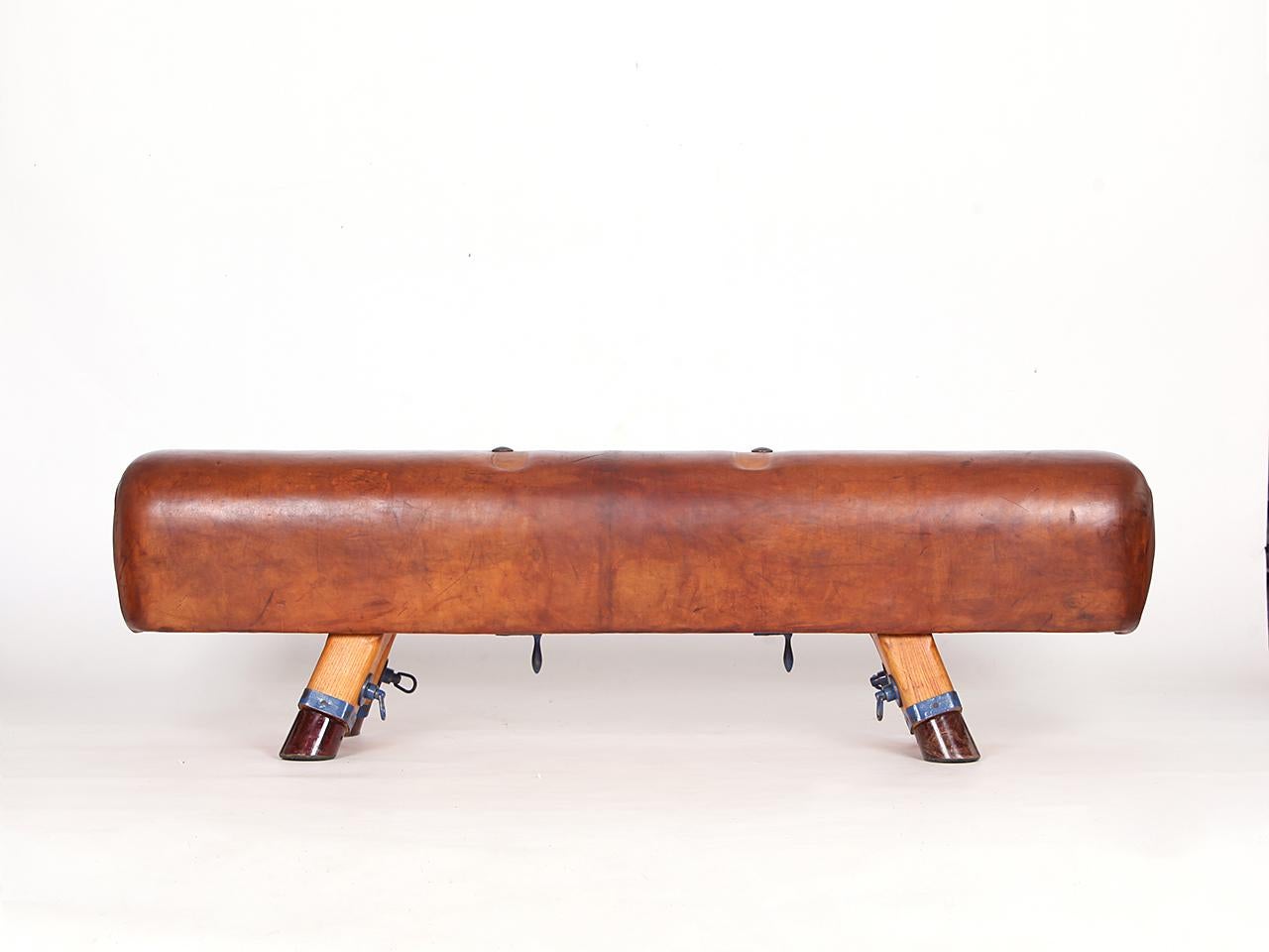 Vintage Czech Leather Gymnastics Bench Pommel Horse wooden Handels Top 1930s For Sale 5