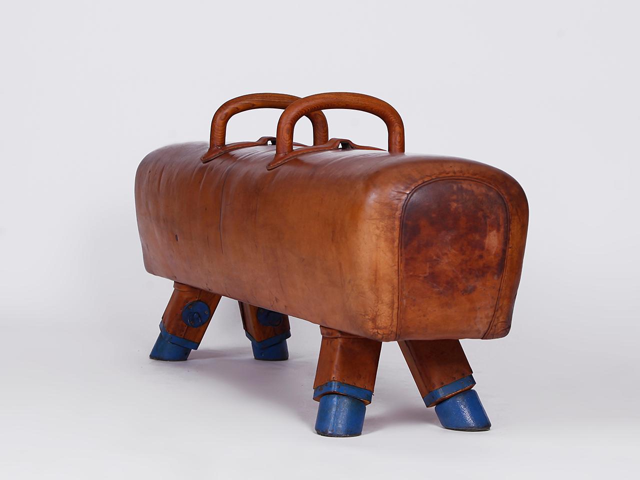 Tschechische Gymnastik-Bank/Pommelpferd/Holz- Handels-Top aus Leder, Vintage 1930er Jahre im Angebot 6