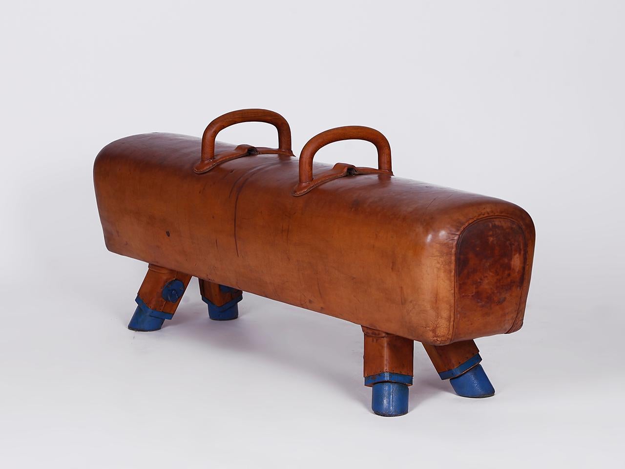Knaufpferd aus der ehemaligen Tschechoslowakei aus den 1930er Jahren mit schöner Patina, gekürzt auf Bankhöhe 54cm und sehr gutem Vintage-Zustand. Vollständig restauriert. Die Eisenfüße sind erhalten. Das dicke Leder wurde gereinigt und konserviert.