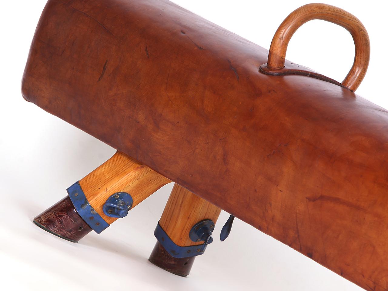 Industrial Vintage Czech Leather Gymnastics Bench Pommel Horse wooden Handels Top 1930s For Sale