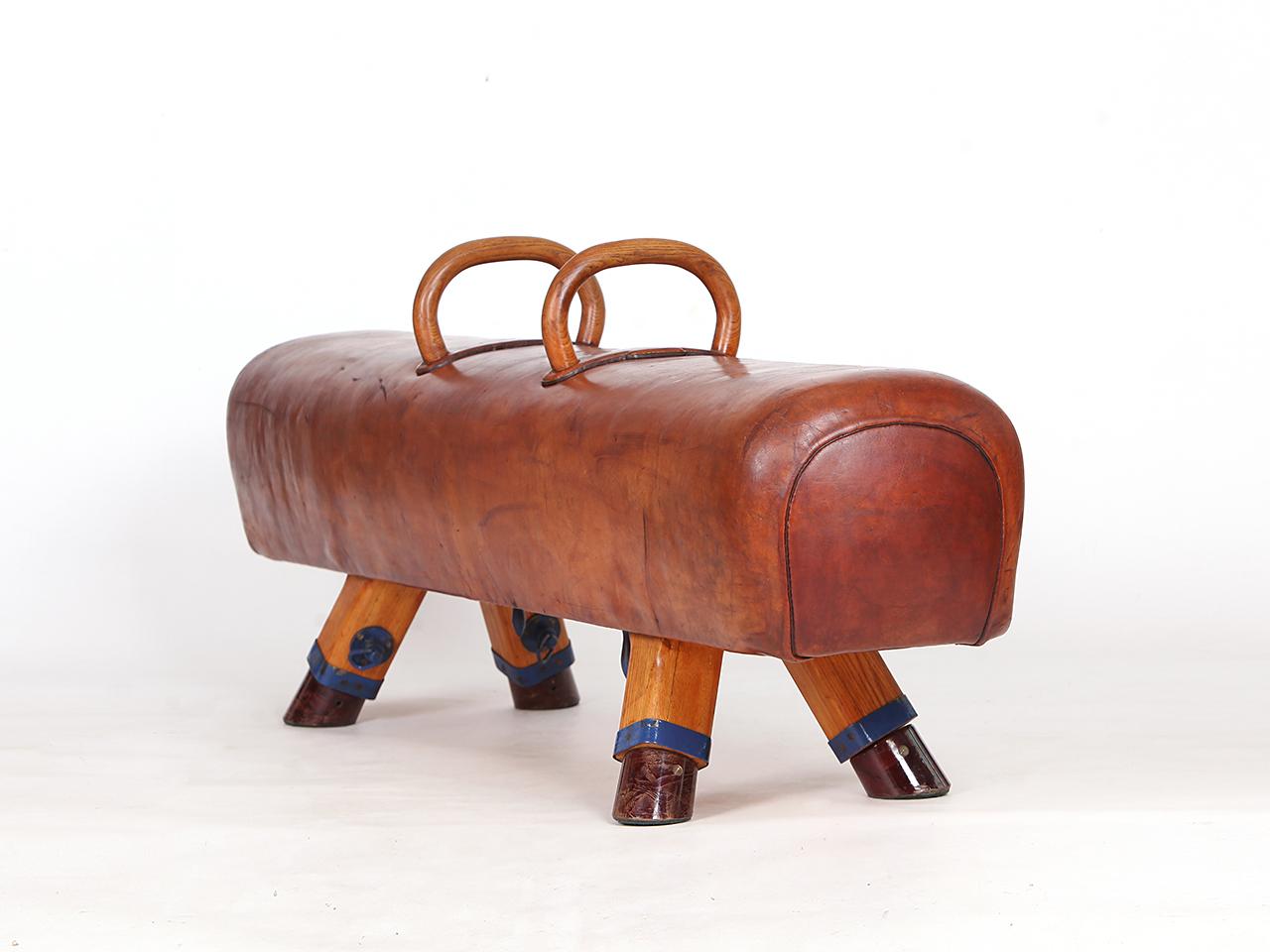 20th Century Vintage Czech Leather Gymnastics Bench Pommel Horse wooden Handels Top 1930s For Sale