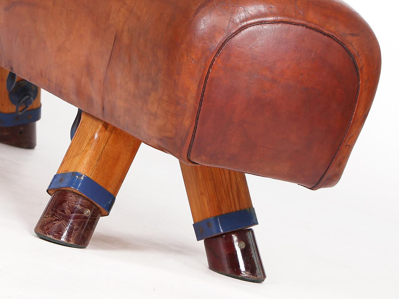 Vintage Czech Leather Gymnastics Bench Pommel Horse wooden Handels Top 1930s For Sale 1