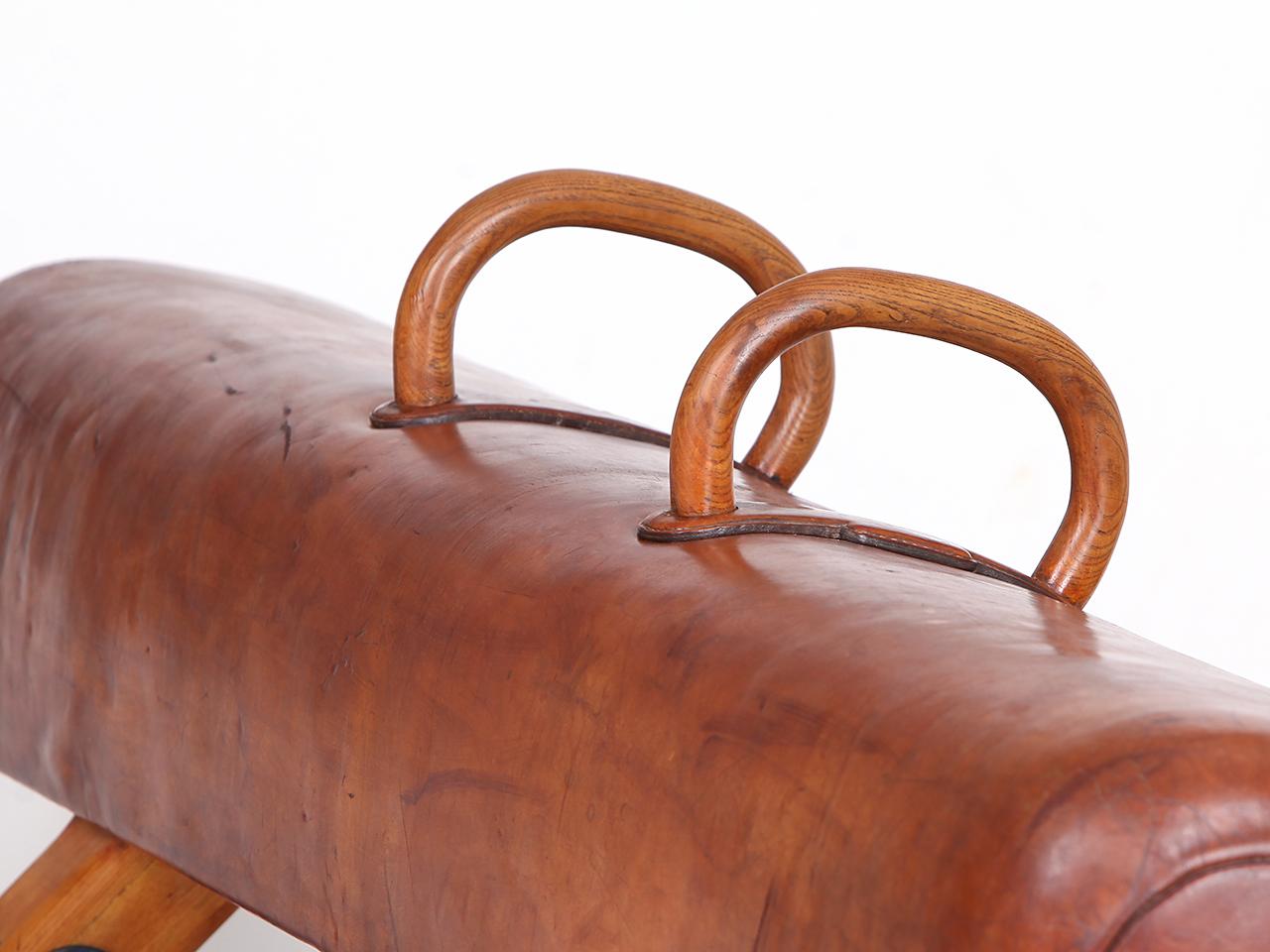 Vintage Czech Leather Gymnastics Bench Pommel Horse wooden Handels Top 1930s For Sale 2