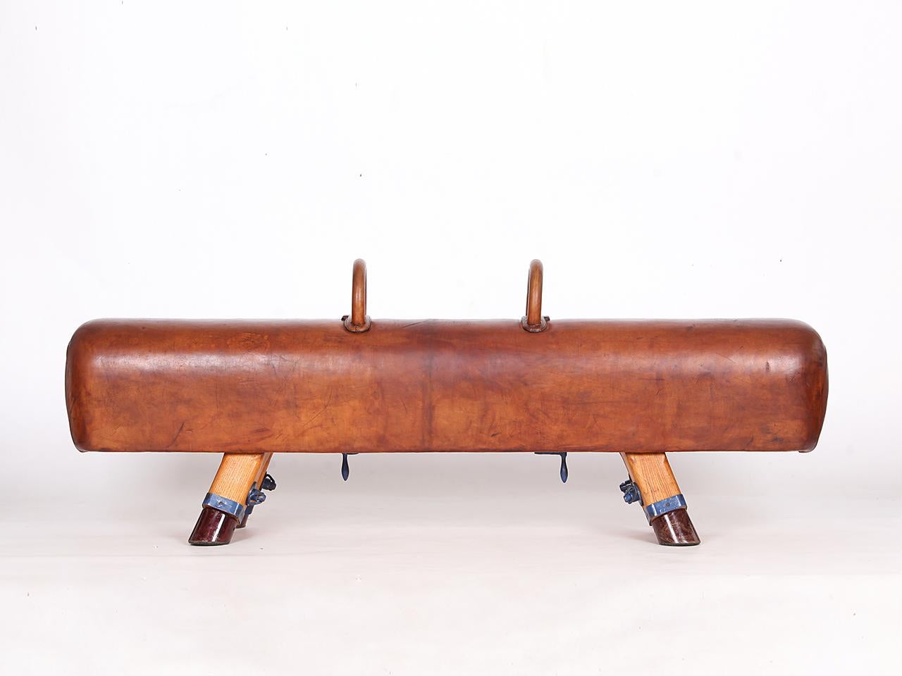 Vintage Czech Leather Gymnastics Bench Pommel Horse wooden Handels Top 1930s For Sale 3