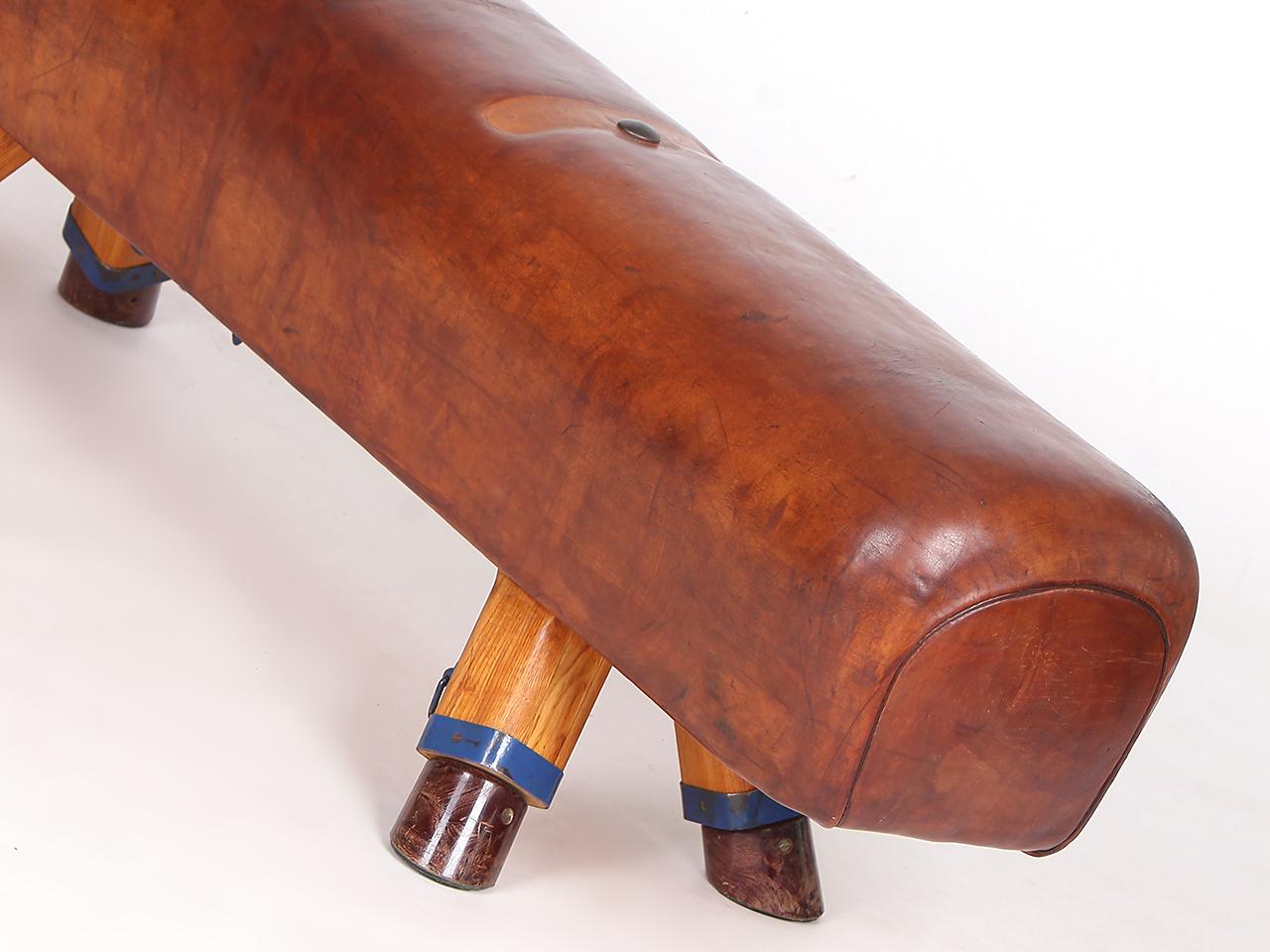Vintage Czech Leather Gymnastics Bench Pommel Horse wooden Handels Top 1930s For Sale 4
