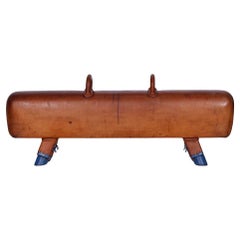 Vintage Czech Leather Gymnastics Bench Pommel Horse wooden Handels Top 1930s