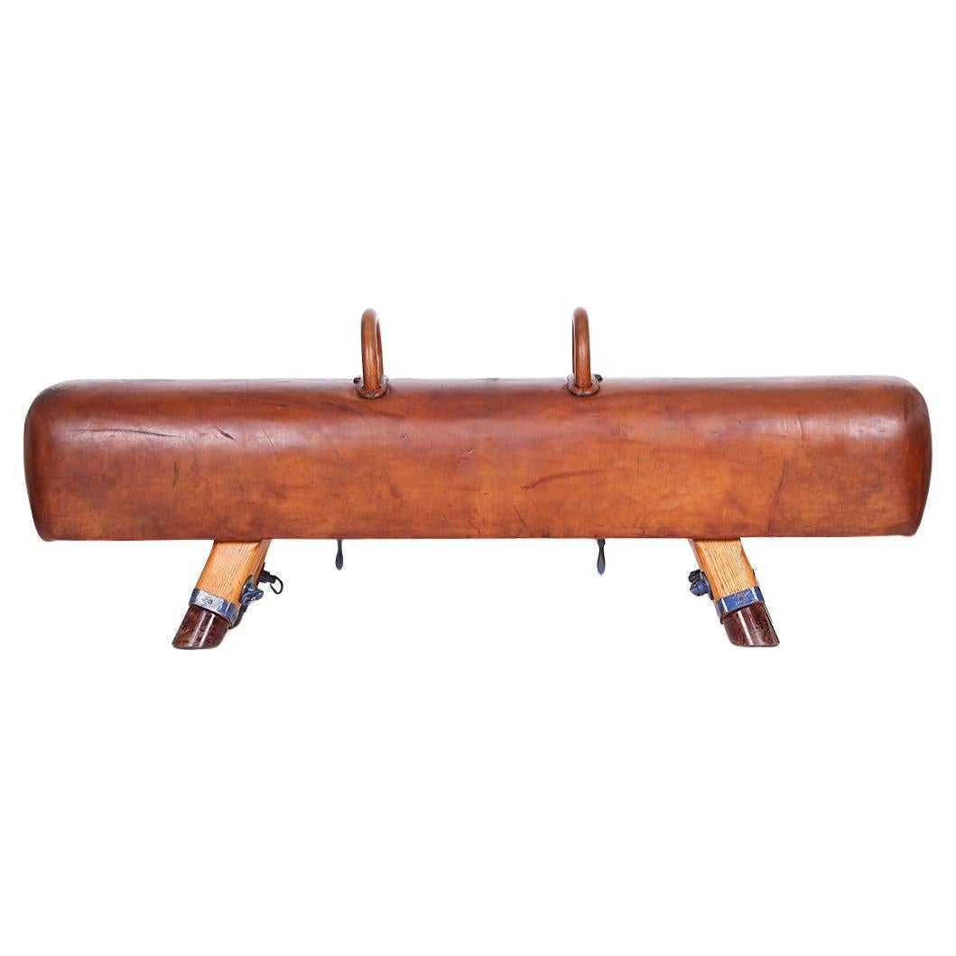 Vintage Czech Leather Gymnastics Bench Pommel Horse wooden Handels Top 1930s