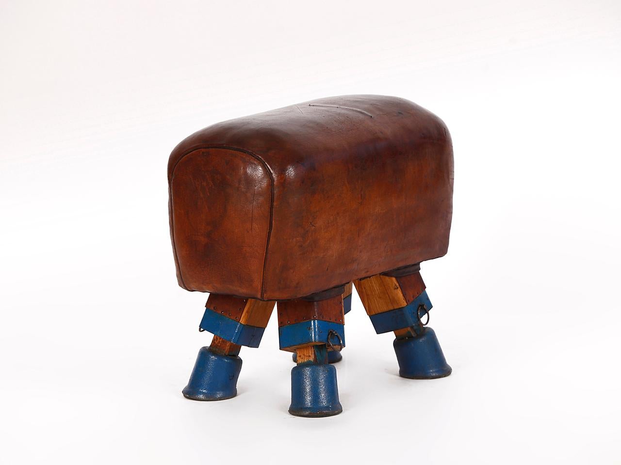 Dieser tschechische Turnhocker oder Turnbock wurde in den 1930er Jahren hergestellt. Sie wurde auf eine Höhe von 50 cm gekürzt. Die Eisenfüße sind erhalten. Das dicke Rindsleder wurde gereinigt und konserviert und hat eine sehr schöne Patina. 
Alle