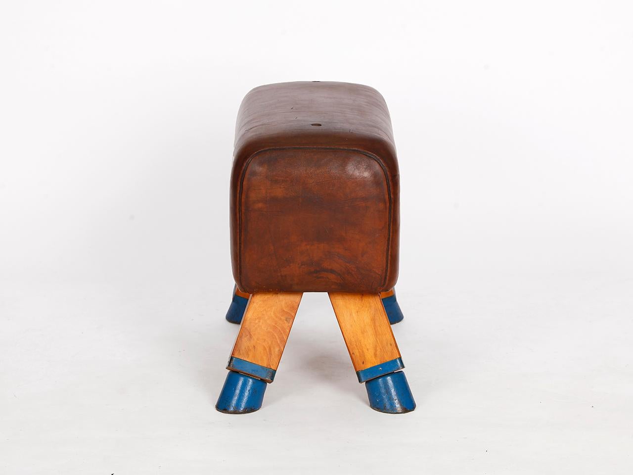Industrial Vintage Czech Leather Turnbock Gym Stool Bench, 1930s