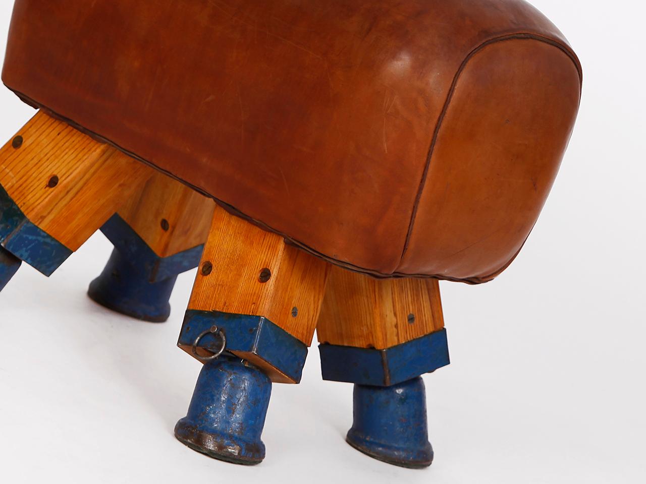 Industrial Vintage Czech Leather Turnbock Gym Stool Bench, 1930s