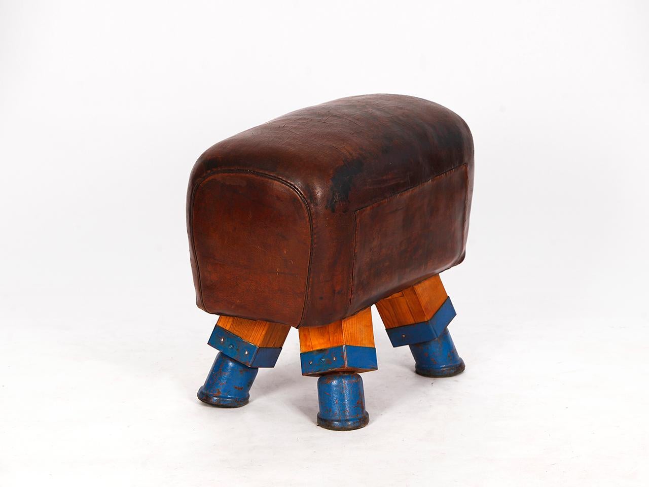 Hand-Crafted Gymnastic Vintage Czech Leather Gym Stool Bench Pommel Horse, 1930s For Sale