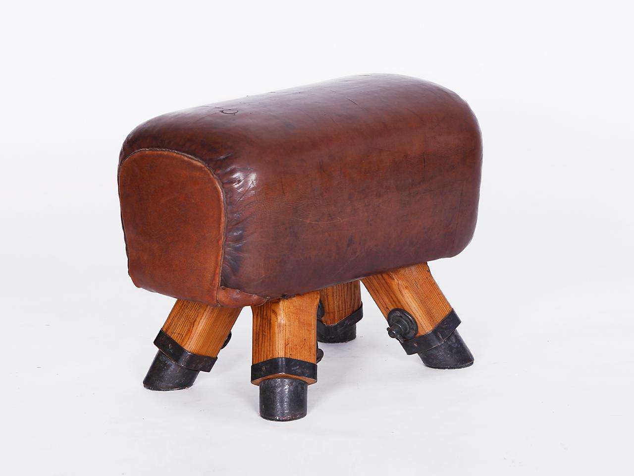 Industrial Gymnastic Vintage Czech Leather Gym Stool Bench Pommel Horse, 1930s For Sale