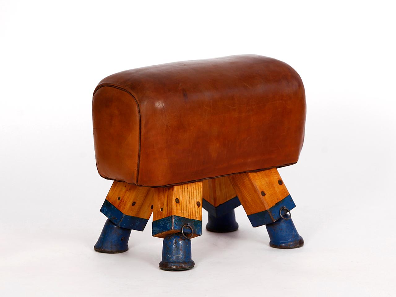 Vintage Czech Leather Turnbock Gym Stool Bench, 1930s 2