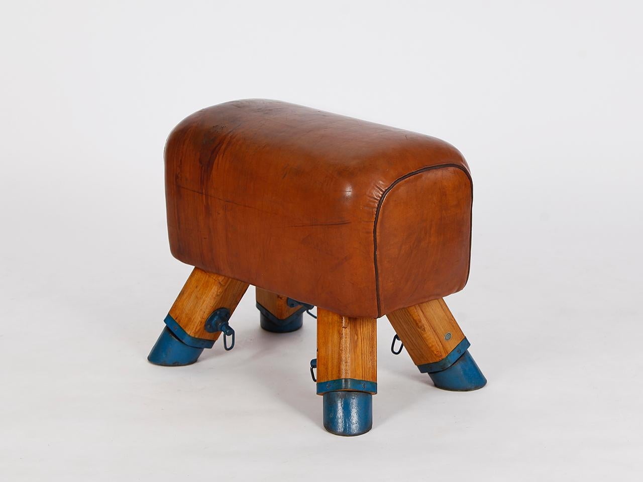 This Czech gym stool or turn bock was produced in the 1950s. It has been shortened to a height of 52 cm. The iron feet are preserved. The thick cowhide has been cleaned and preserved and has a very nice patina. All of our vintage gym equipment has